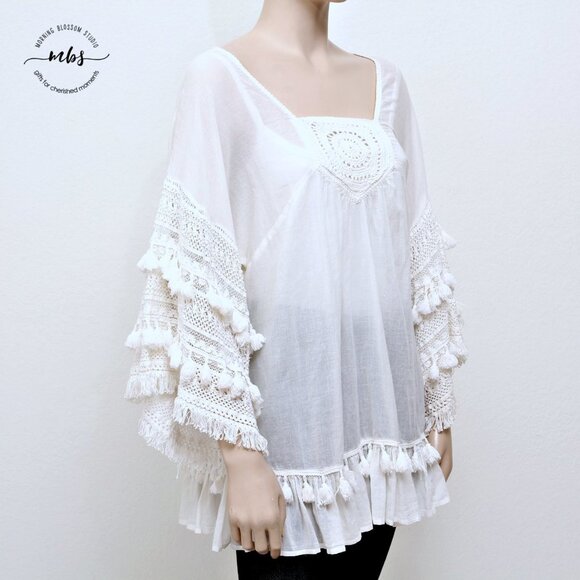 Lara Ethnics Boho Crochet Short Fringe Square Neck Blouse - Picture 4 of 11